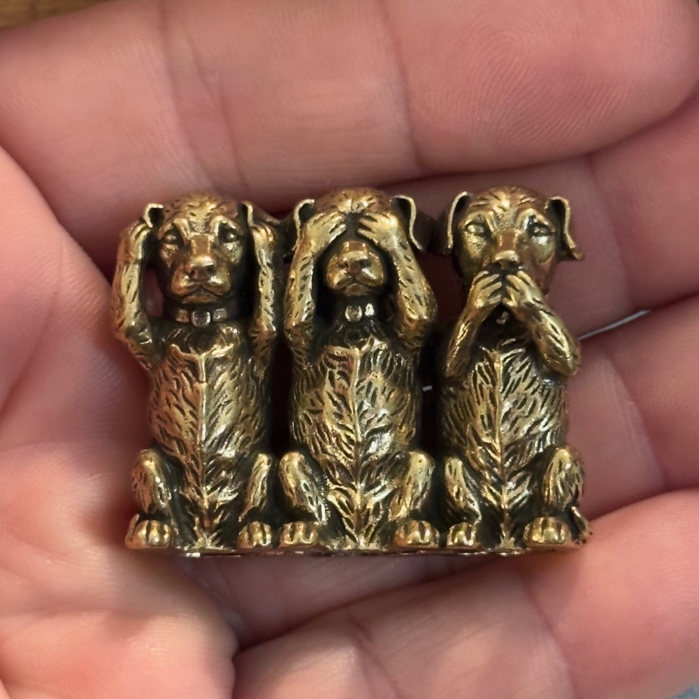 BG11 Three Wise Dogs Miniature Brass Tone Metal Figurine Hear See Speak No Evil